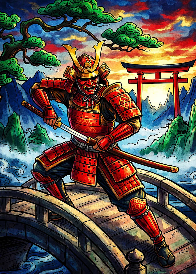 Red Samurai Warrior on Bridge