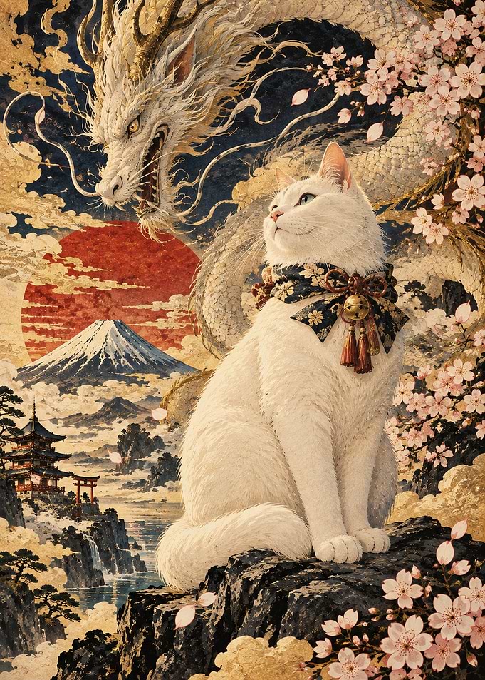 White Cat and Dragon Japanese Art
