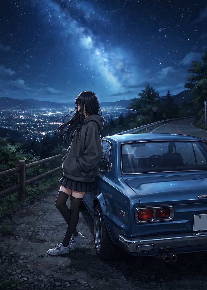 Anime Girl Leaning on Classic Car