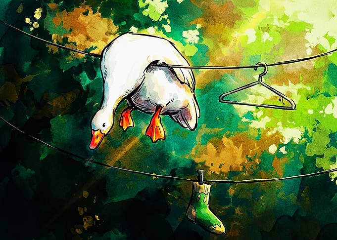 Whimsical Goose Hanging on Clothesline