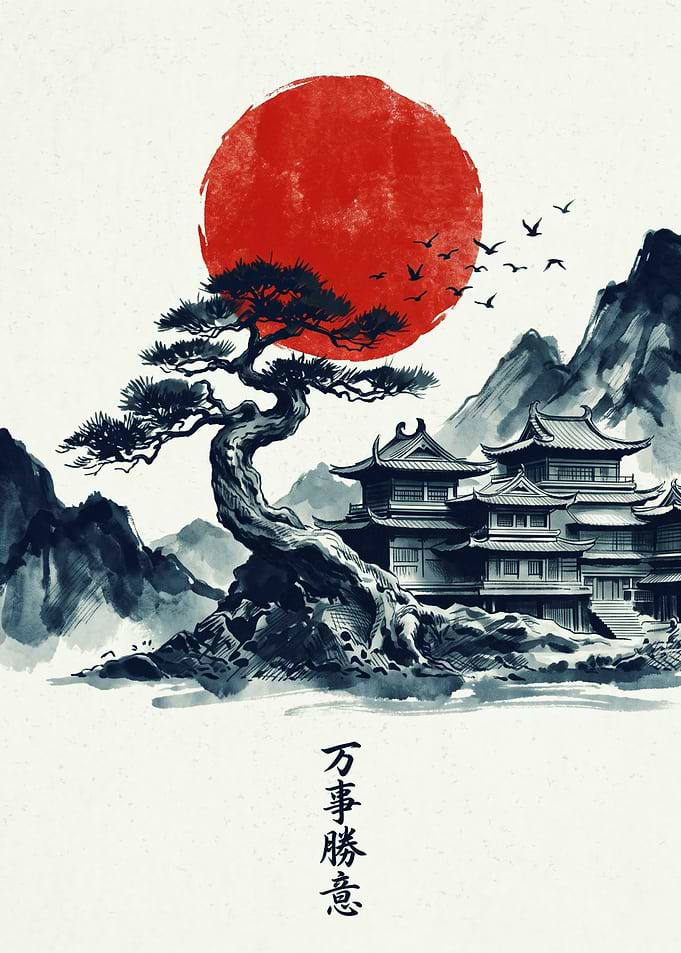 Japanese Temple Bonsai Tree And Red Sun Landscape Traditional Ink Wash Art