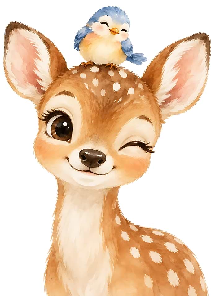 Cute Fawn with Blue Bird