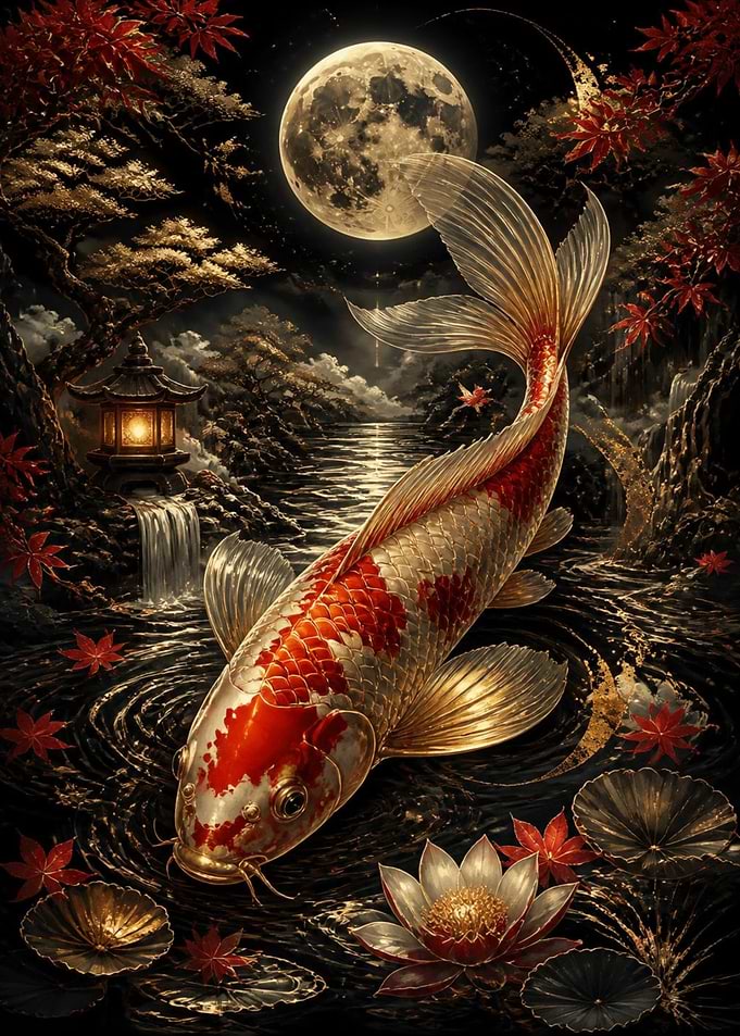 Golden Koi Fish Under Full Moon