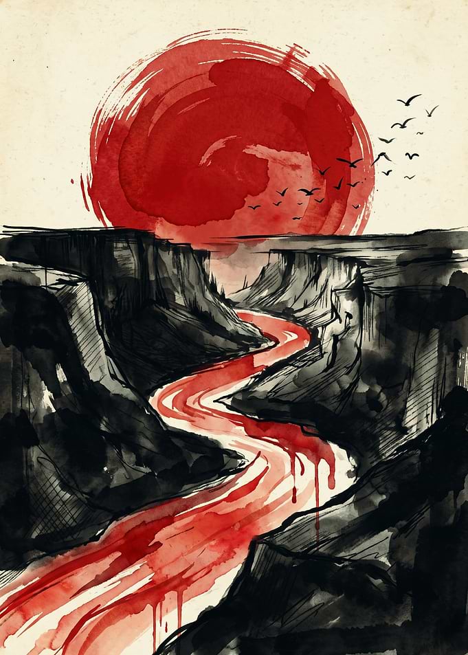 Red River Canyon Sunset Landscape Japanese Ink Wash Painting