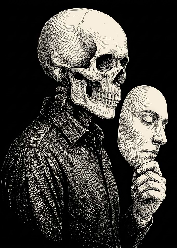 Skeleton Holding a Human Mask