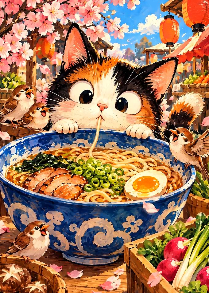Calico Cat Eating Ramen with Birds