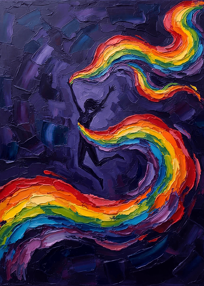 Abstract Silhouette Dancing with Rainbow Ribbons