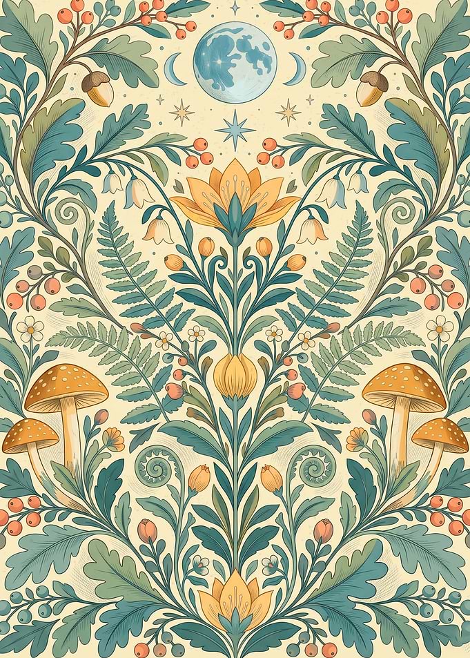 Botanical Moon Mushroom Fern Foliage Pattern Arts And Crafts Movement Style