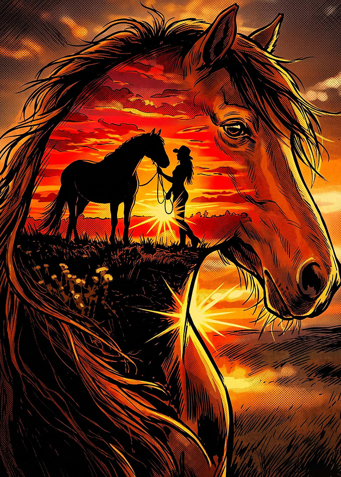Horse Sunset Cowgirl Western Art