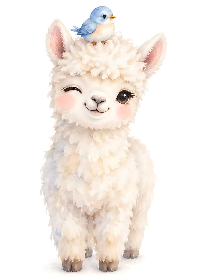 Cute Winking Alpaca with Blue Bird
