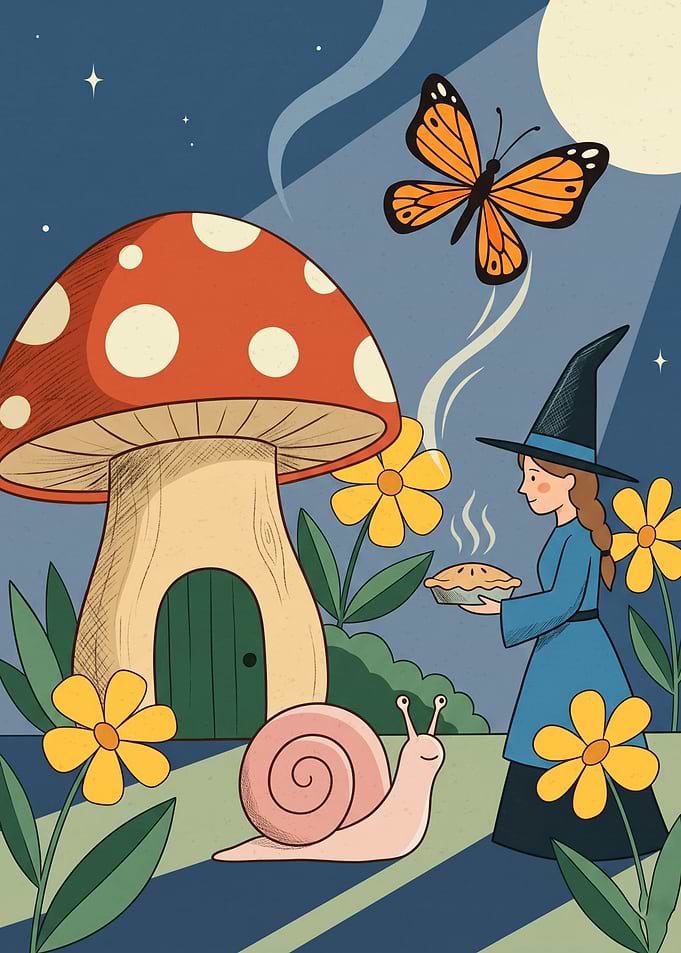 Magical Witch Mushroom House Fantasy Art Illustration Flat Vector Style