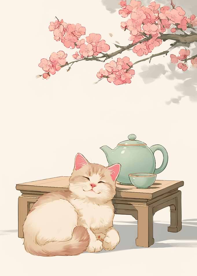 Cute Cat Resting Under Cherry Blossoms