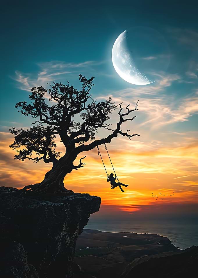 Silhouette on a Cliffside Swing