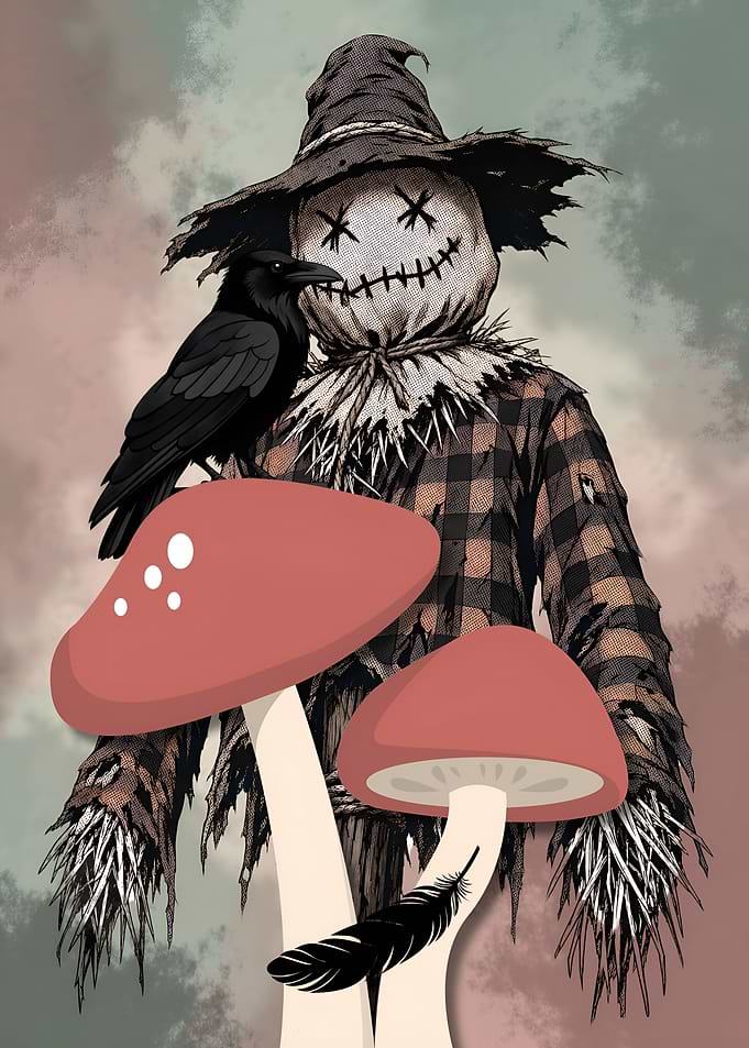 Scarecrow with Raven and Mushrooms