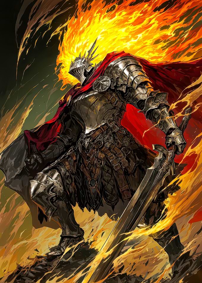 Flaming Knight in Dark Armor