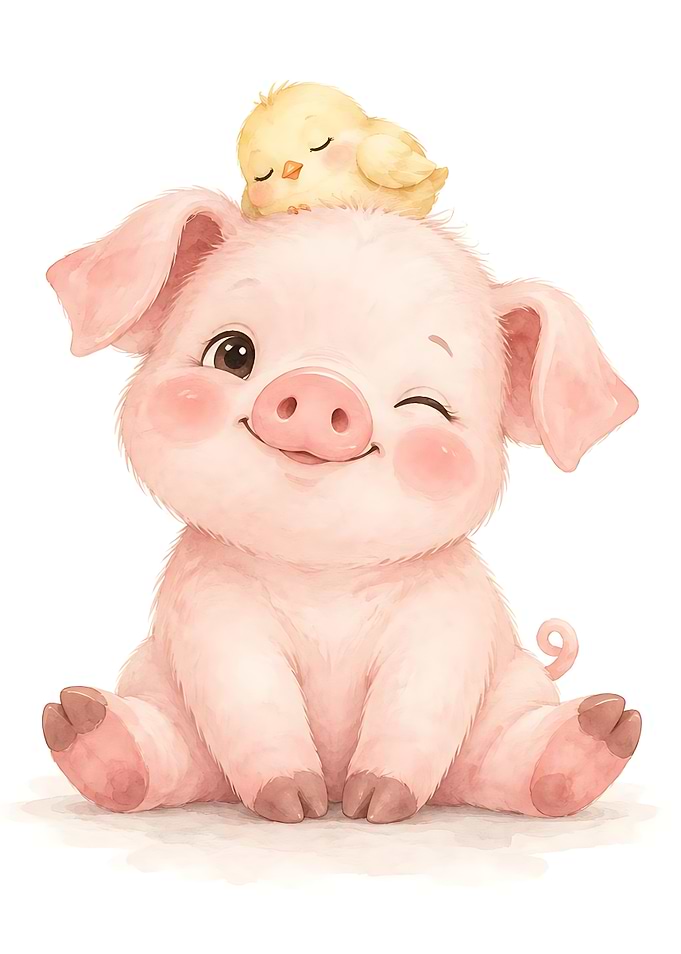 Cute Piglet with Sleeping Chick