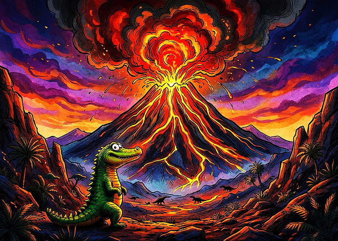 Cartoon Dinosaur Watching Volcanic Eruption
