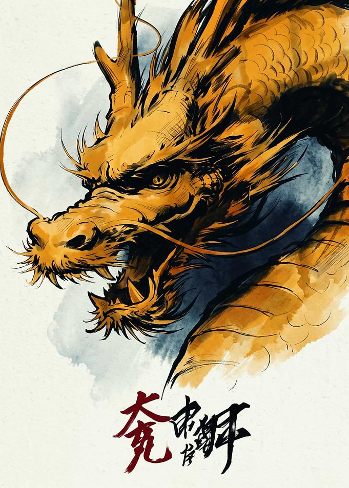 Golden Dragon Mythical Creature Asian Ink Wash Painting Art