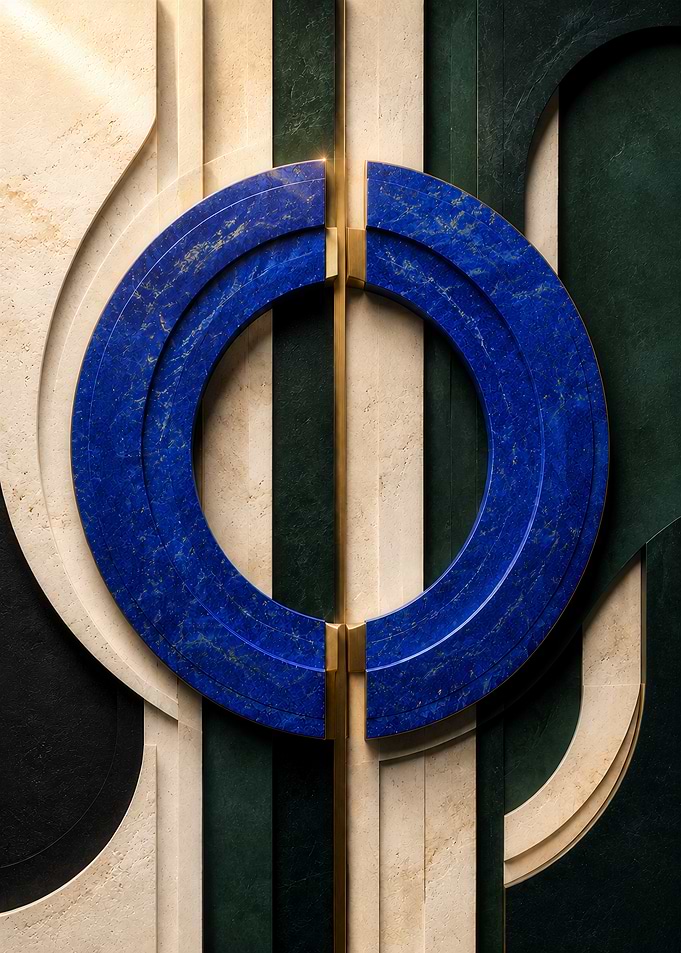 Lapis Lazuli Split Halo Art Deco Design with Cobalt Stone Ring, Brass Seam and Emerald Geometric Wall Relief