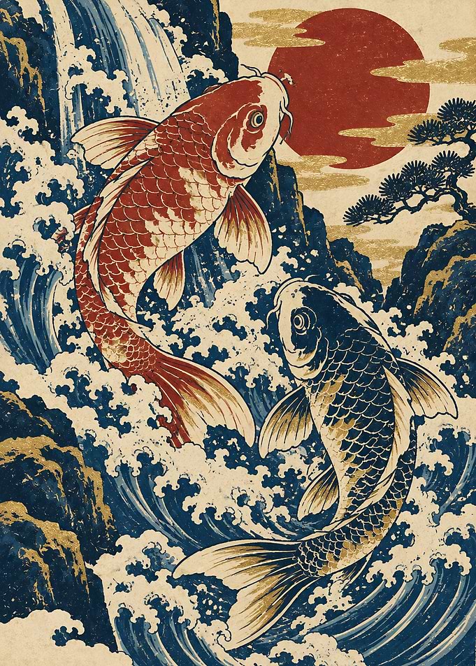 Koi Ascending the Golden Falls t
