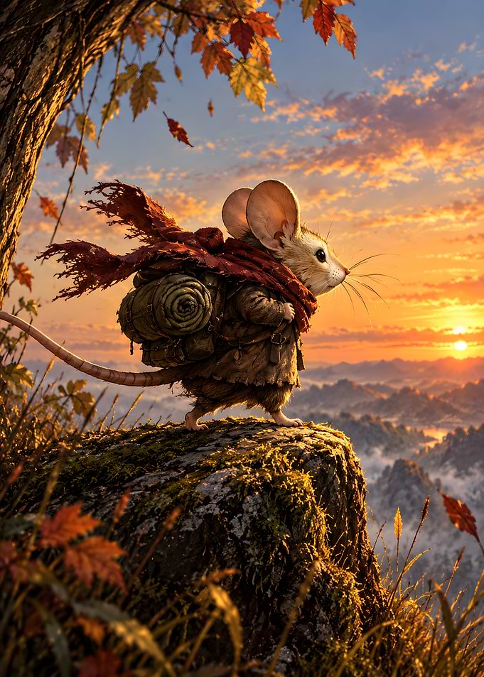 Adventurous Mouse Traveler at Sunset