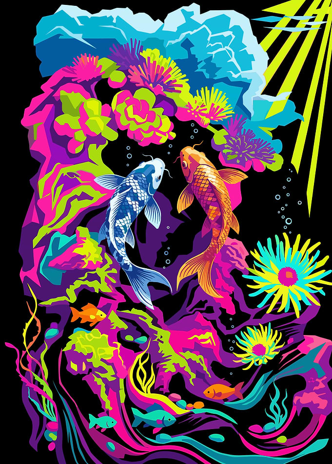 Neon Koi Fish Underwater Scene