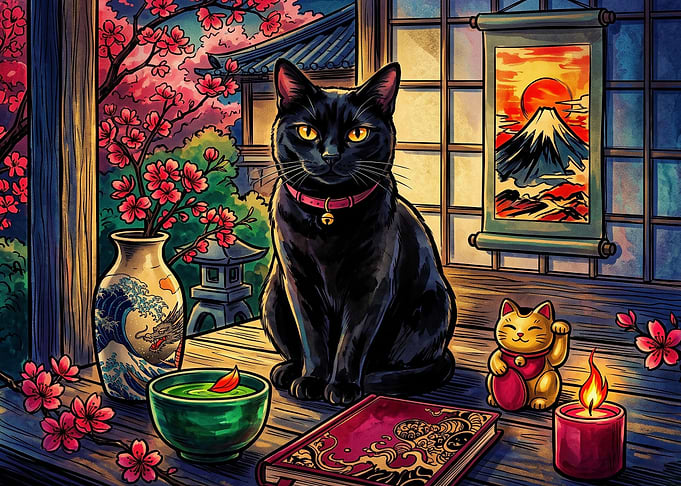 Black Cat in Traditional Japanese Setting