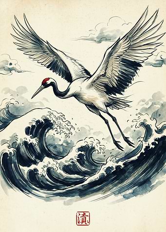 Flying Crane Over Ocean Waves Japanese Art Asian Nature Wildlife Pencil Sketch Poster