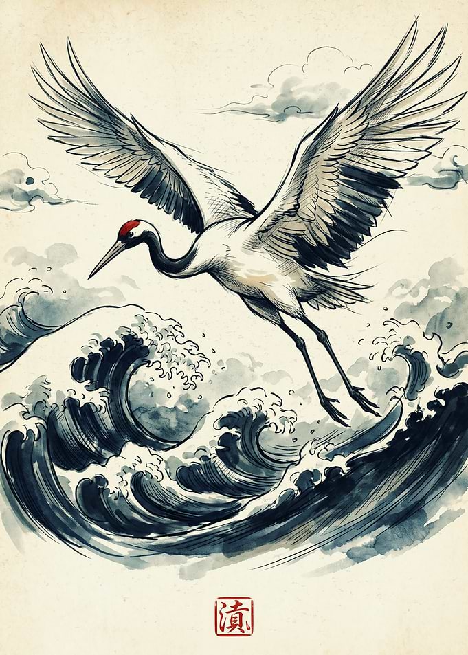 Flying Crane Over Ocean Waves Japanese Art Asian Nature Wildlife Pencil Sketch Poster