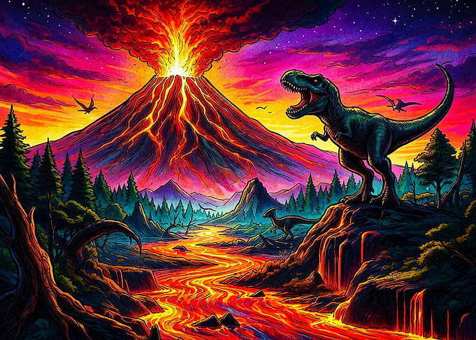 T-Rex Roaring Before Erupting Volcano
