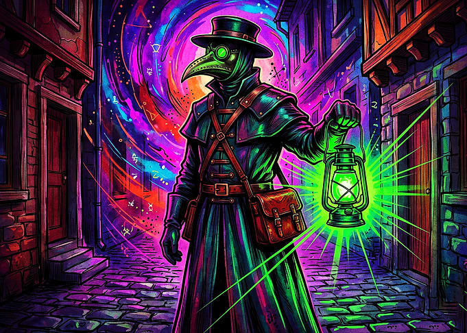 Plague Doctor Neon Cosmic Poster