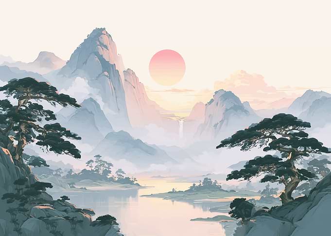 Serene Mountain Landscape with Pine Trees