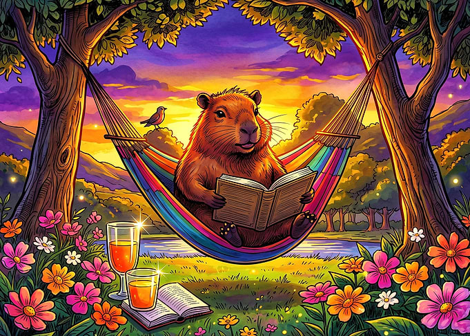Capybara Reading in a Hammock
