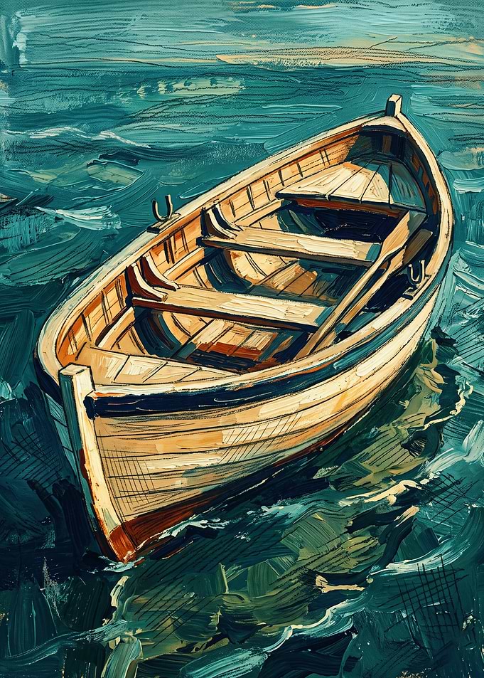 Wooden Boat Ocean Seascape Oil Painting