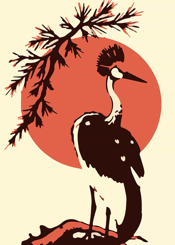 Red-Crowned Crane and Rising Sun