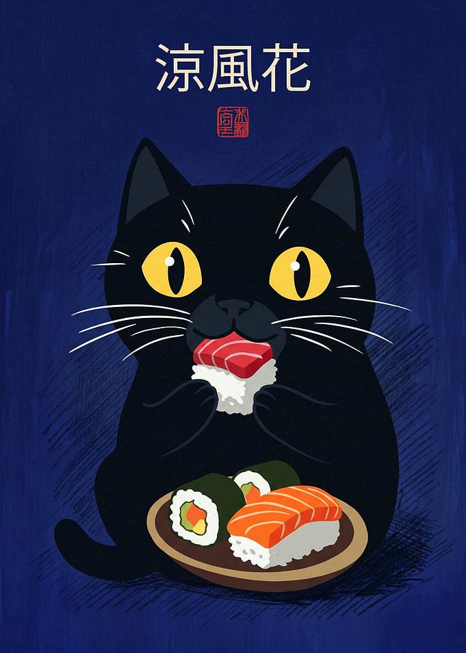 Black Cat Eating Sushi Japanese Art Print