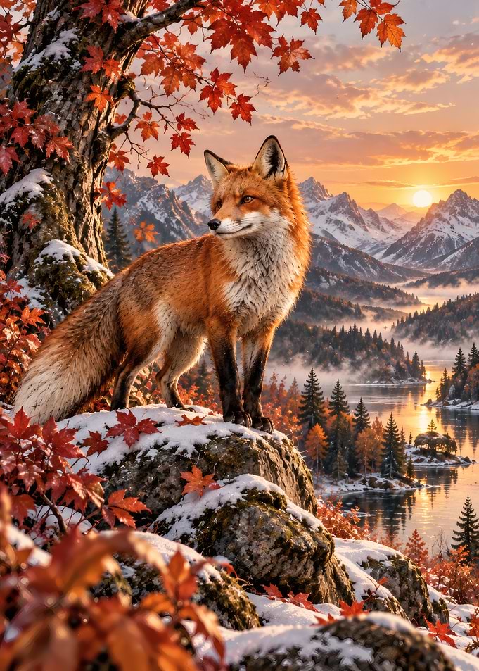 Red Fox in Snowy Autumn Landscape