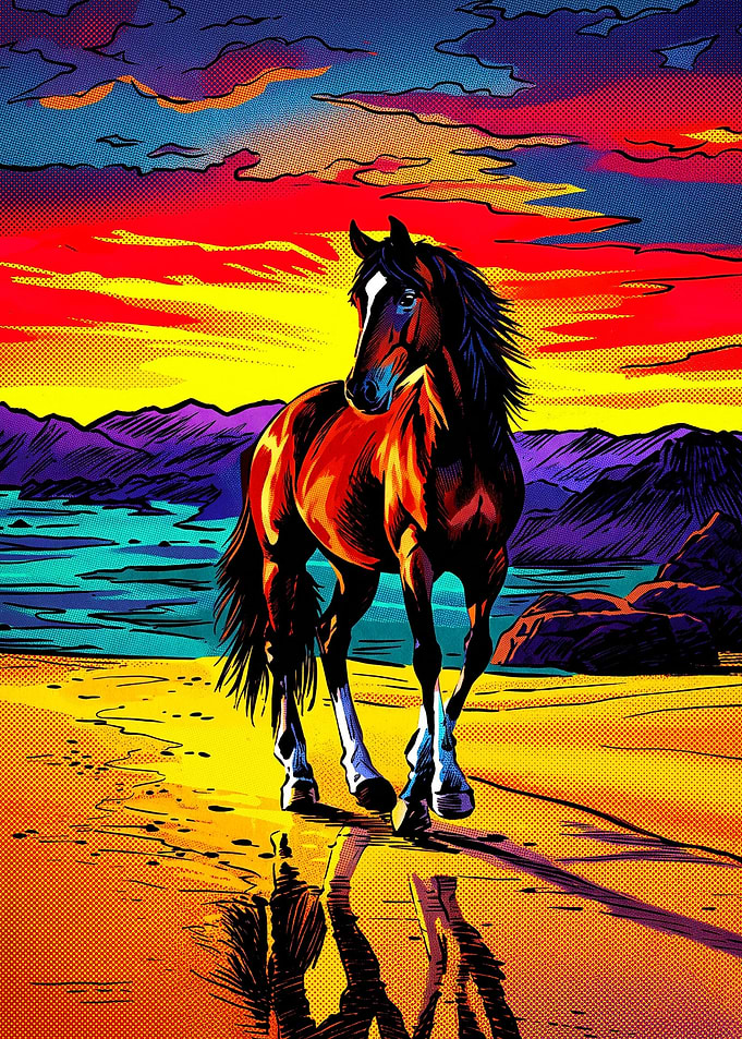Red Horse Beach Sunset Comic Art