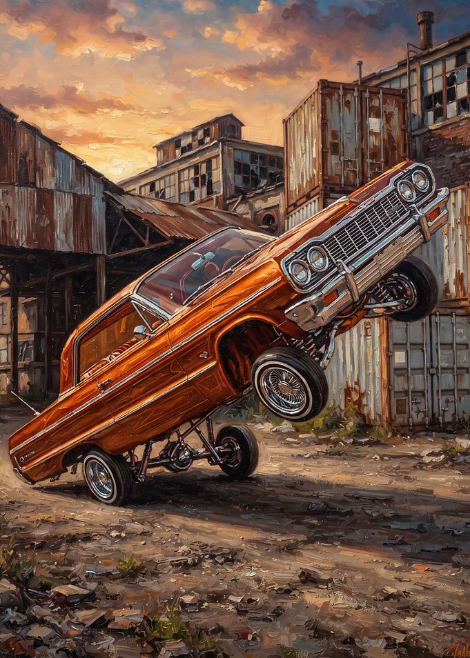 Orange Lowrider Car Performing Wheelie