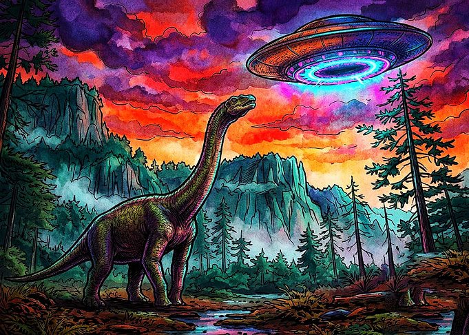 Dinosaur Encountering a UFO