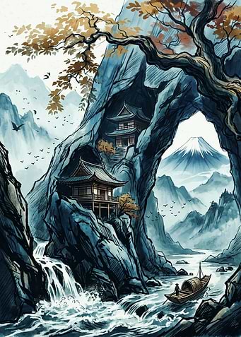Japanese Temple Mountain Landscape Mount Fuji Traditional Ink Wash Painting Art