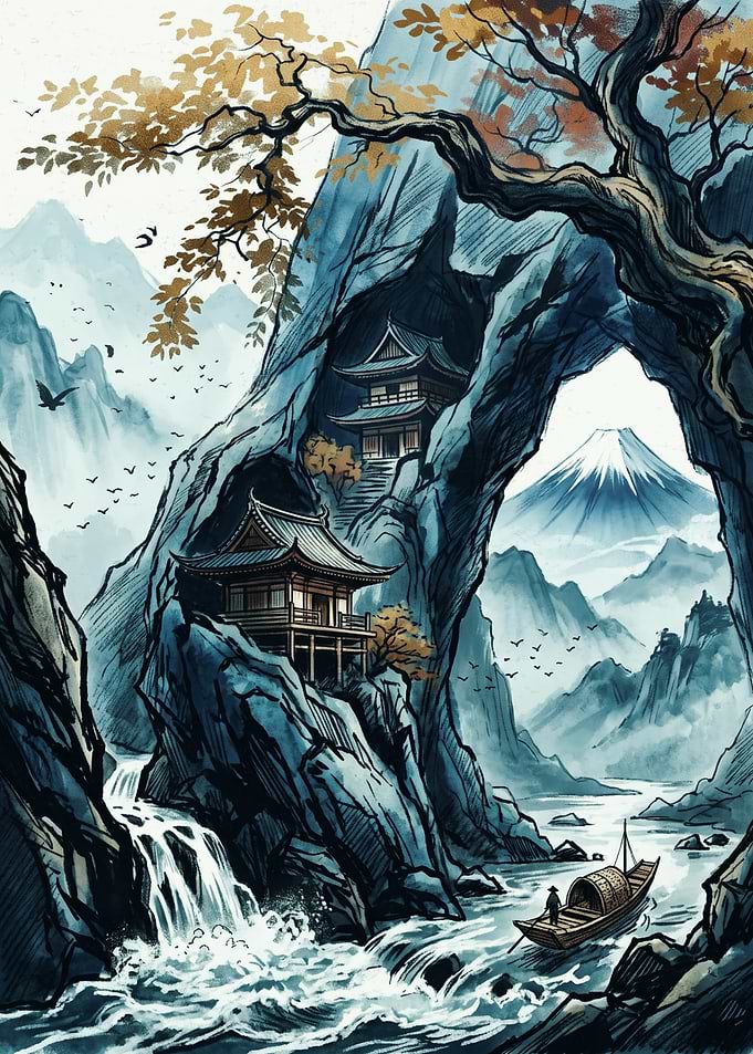 Japanese Temple Mountain Landscape Mount Fuji Traditional Ink Wash Painting Art