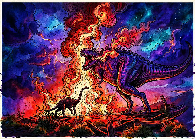 T-Rex and Sauropod in Fire