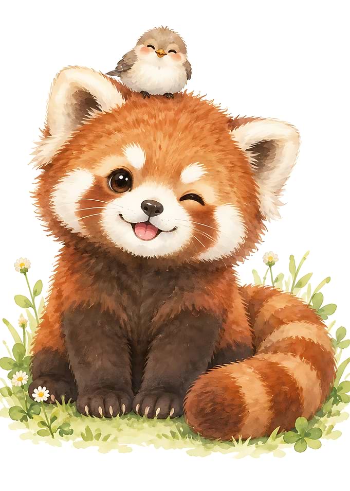 Cute Red Panda with Little Bird