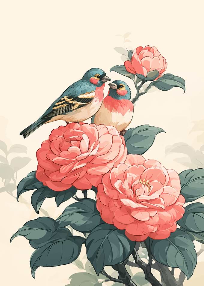 Two Birds Perched on Camellia Flowers