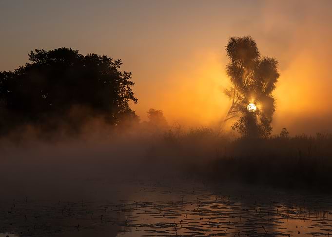 Misty Sunrise Over a Calm Lake