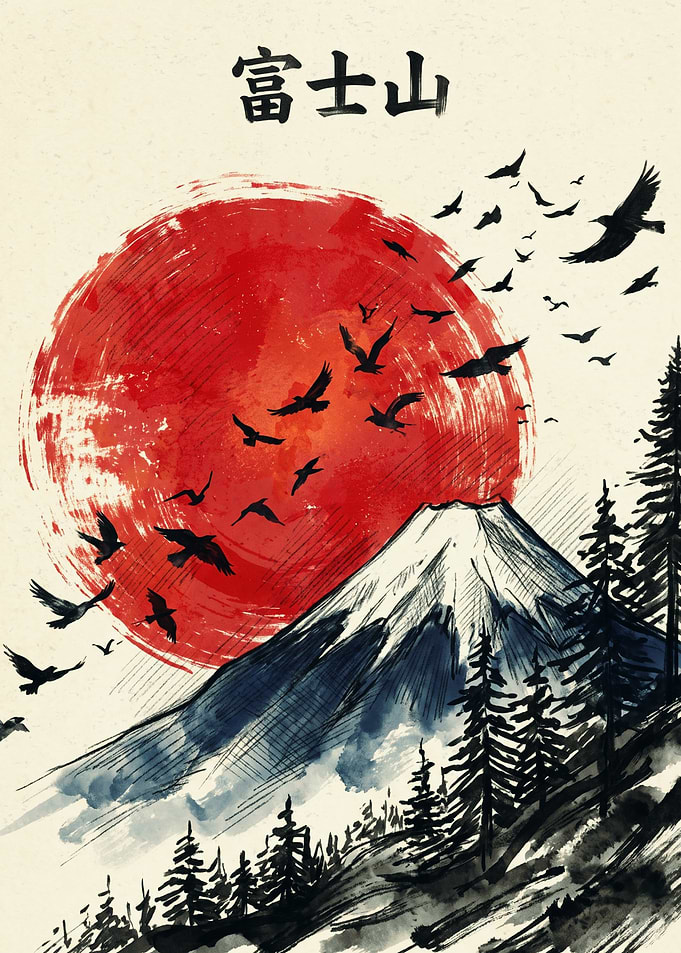 Mt Fuji Red Sun Japanese Art Ink Wash