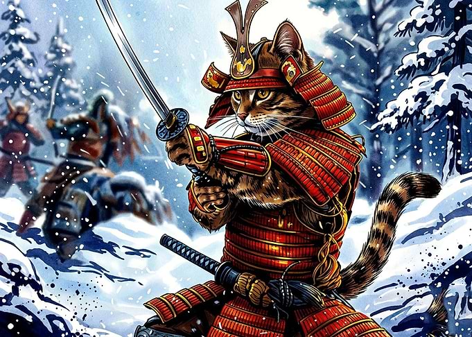 Samurai Cat Warrior in Winter Battle