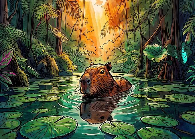 Capybara Swimming in Tropical Jungle Pond