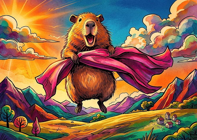 Superhero Capybara Flying Over Landscape